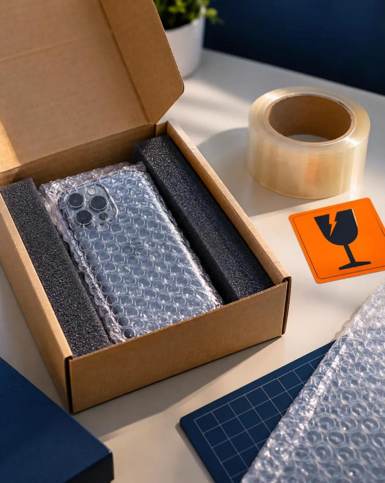 Smartphone safely packed for courier to SK Mobiles