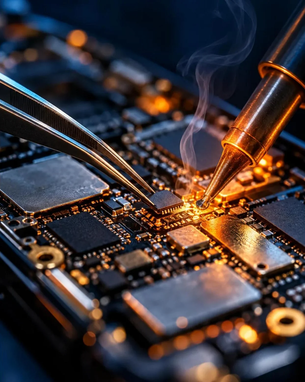 Chip-level logic board repair with tweezers and solder